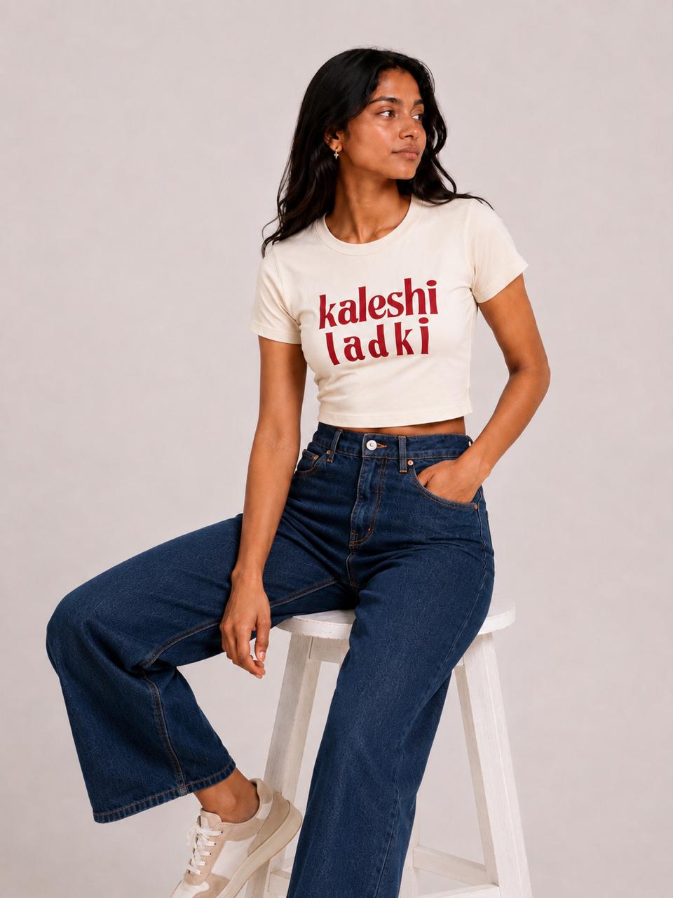 Retro printed beige Baby tee | Women's cropped Fit T-shirt