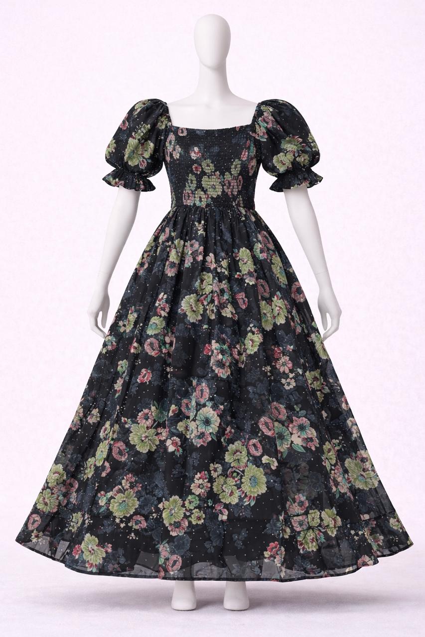 Women's Black floral printed sundress with puff sleeves