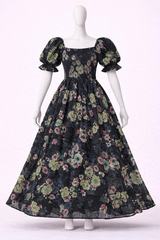 Women's Black floral printed sundress with puff sleeves