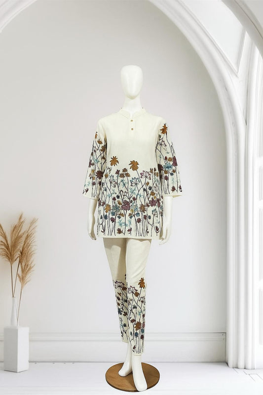 Elegant cream floral printed linen co-ords