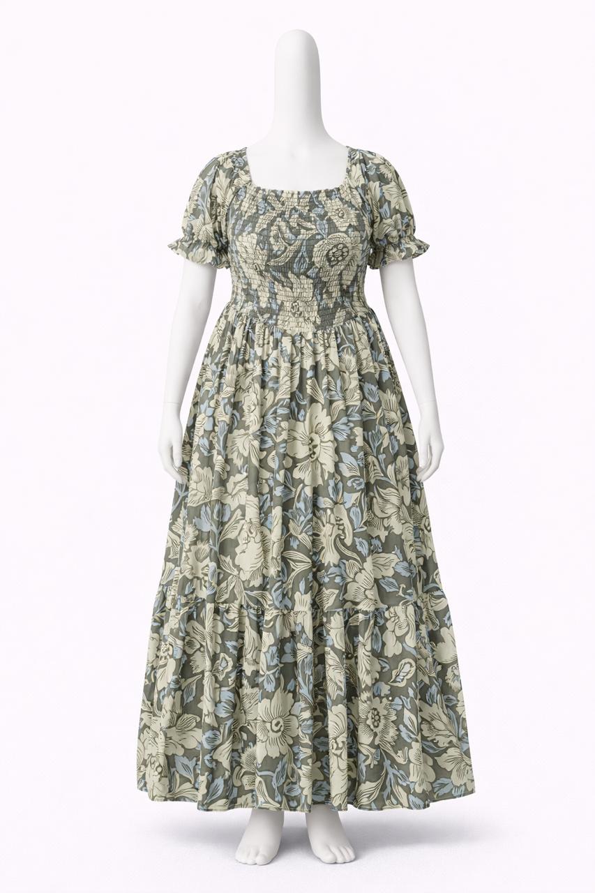Women's green floral printed sundress with puff sleeves