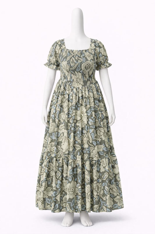 Women's green floral printed sundress with puff sleeves
