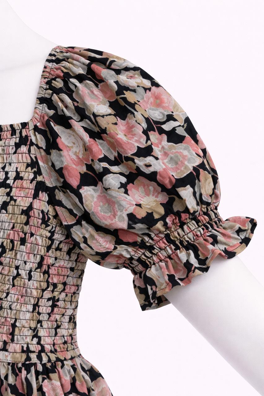 Women's Black & pink floral printed sundress with puff sleeves
