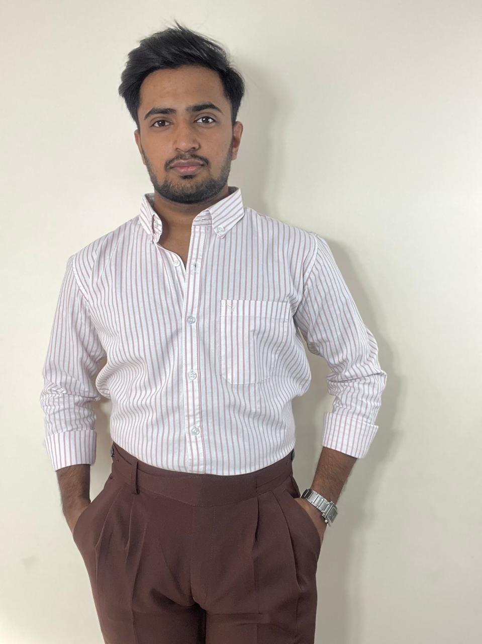 Blush striped oxford cotton - linen shirt | button-down collar