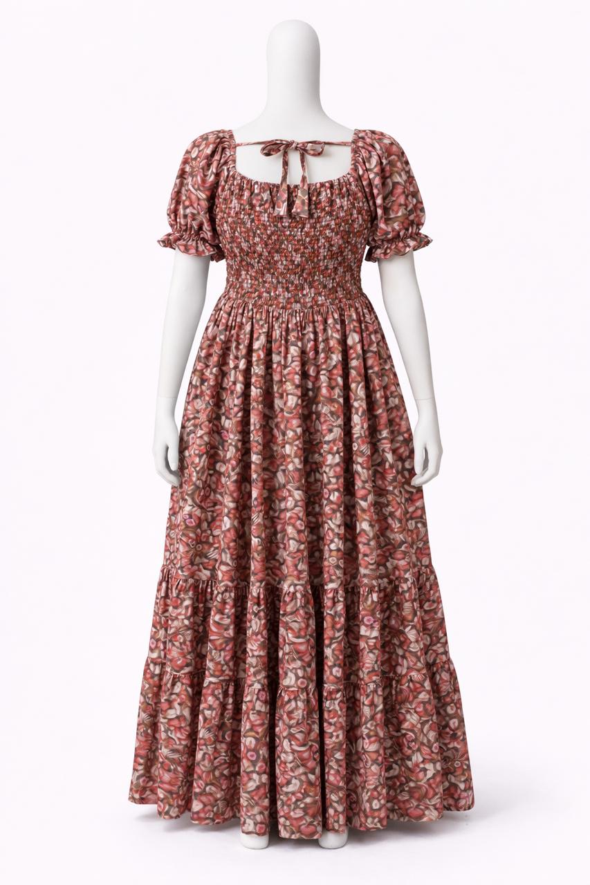 Women's Red printed sundress with puff sleeves