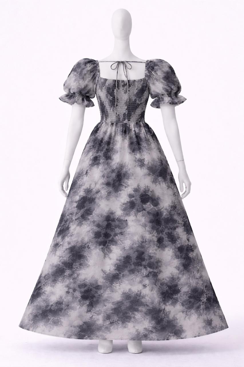 Women's Black & grey floral printed sundress with puff sleeves