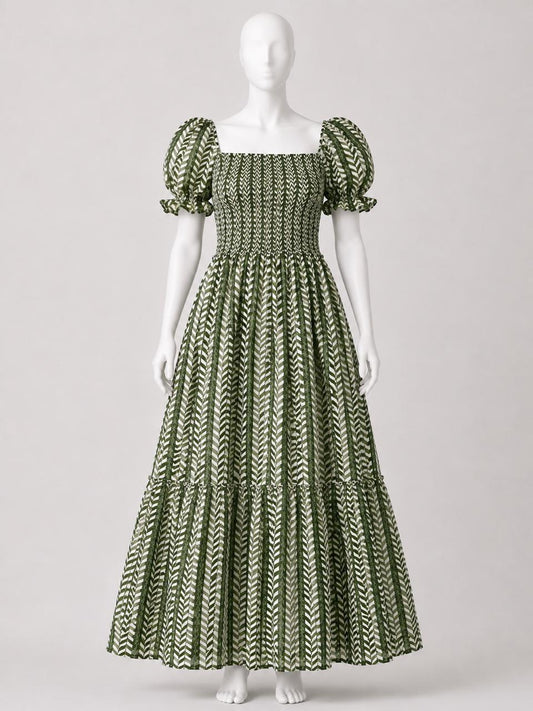 Women's Green printed sundress with puff sleeves