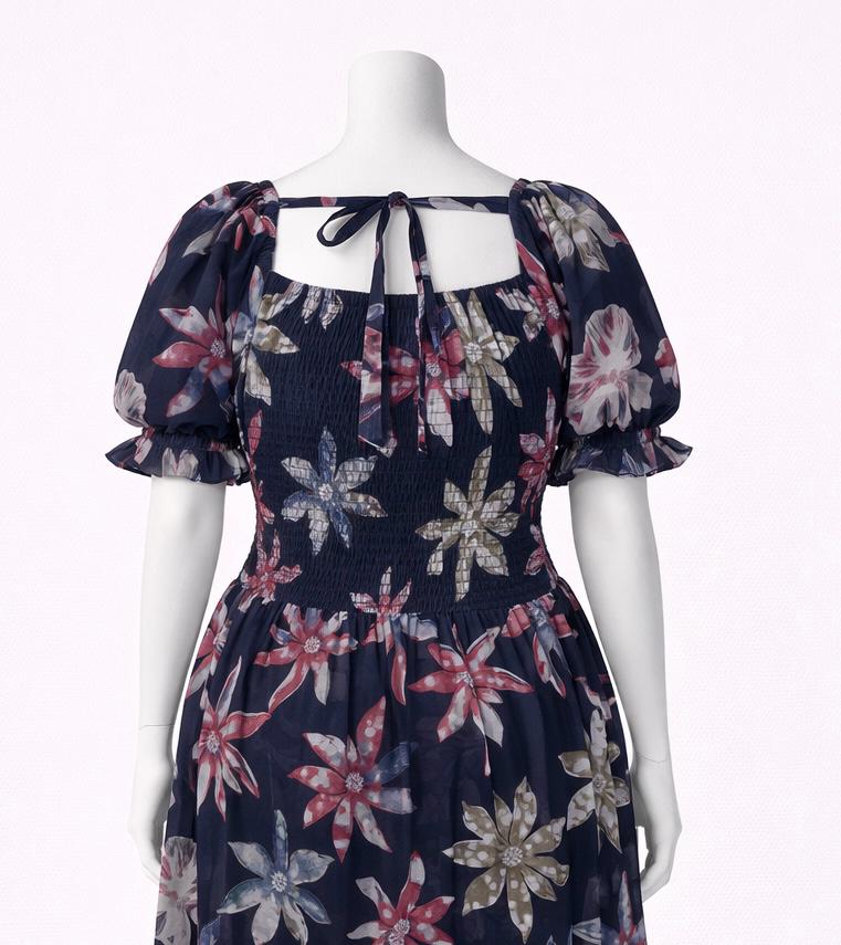 Women's navy blue printed sundress with puff sleeves