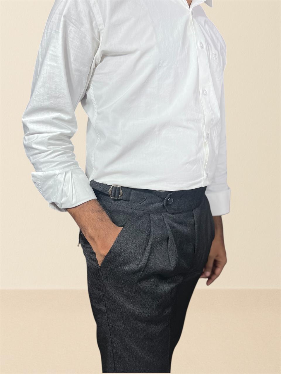 Black Double -Buckle Linen Textured Gurkha pants for Men