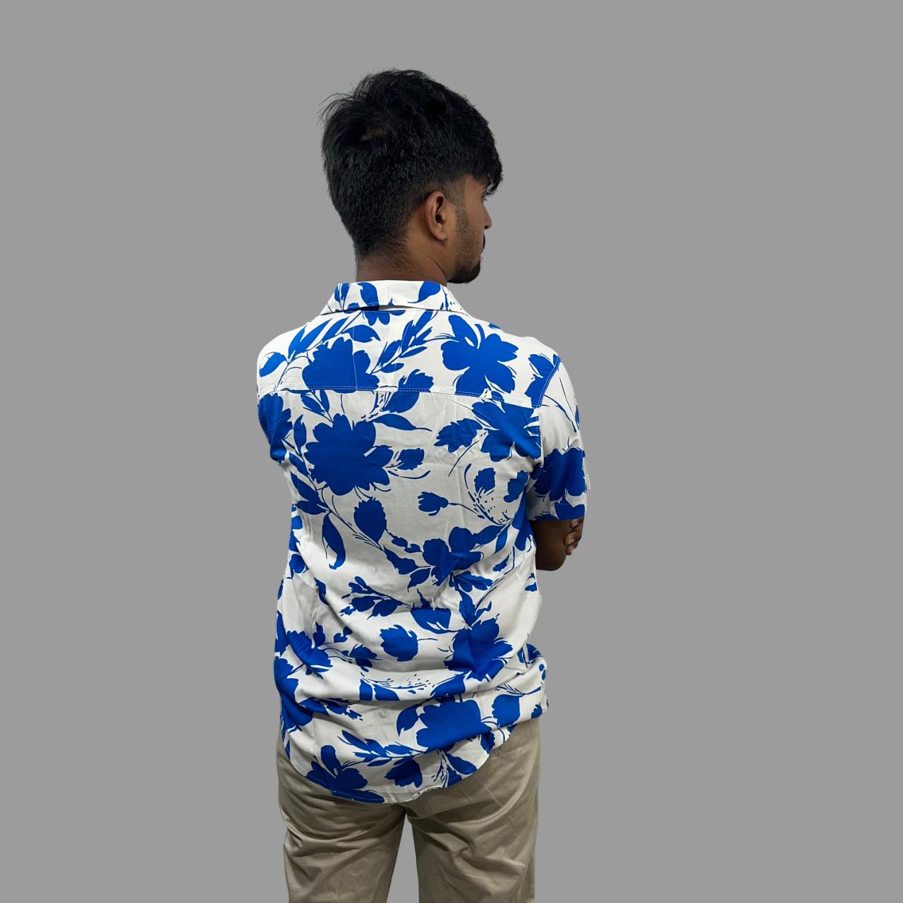 White and blue floral printed cuban collar shirt