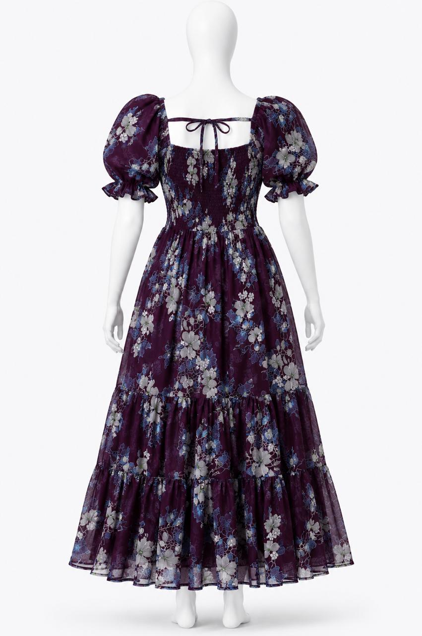 Women's deep wine floral printed sundress with puff sleeves