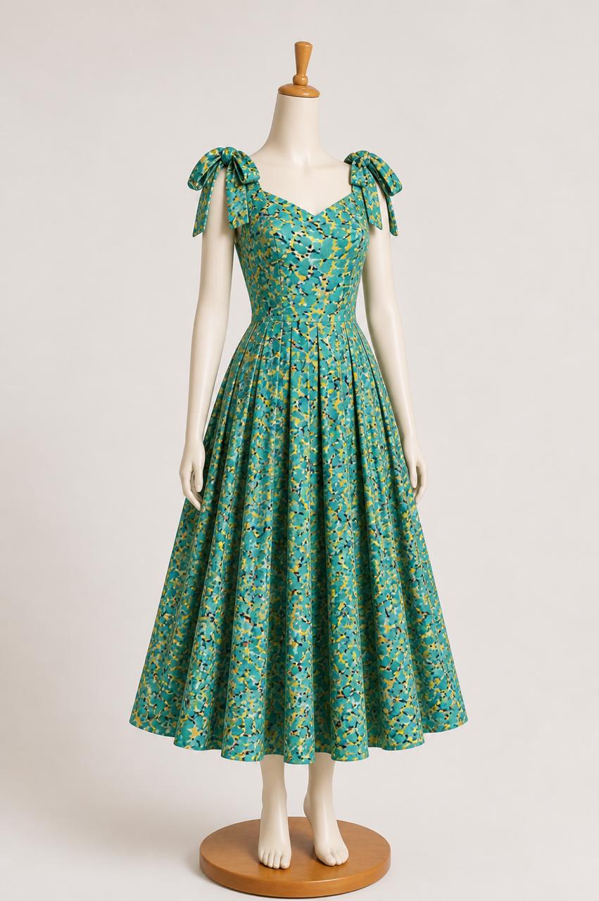 Kids & teens  Sea Green Abstract Printed Summer Midi Dress with shoulder Tie straps & Chest Cup