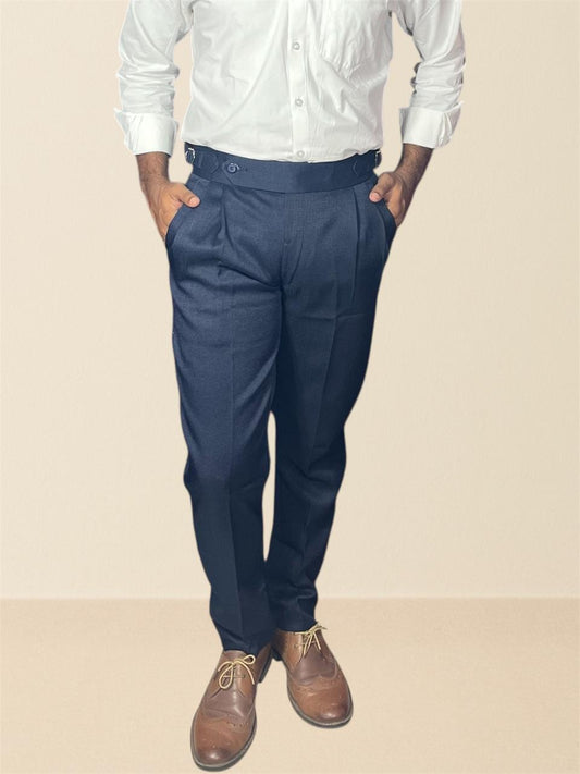 Navy Blue Double -Buckle Linen Textured Gurkha pants for Men