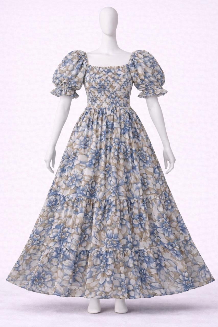 Women's blue & white floral printed sundress with puff sleeves