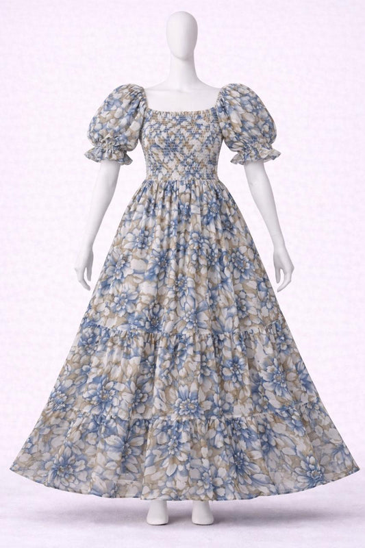 Women's blue & white floral printed sundress with puff sleeves
