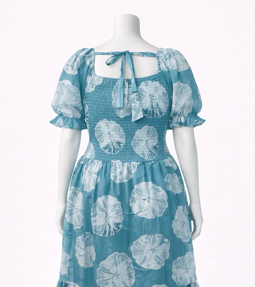 Women's light blue printed sundress with puff sleeves
