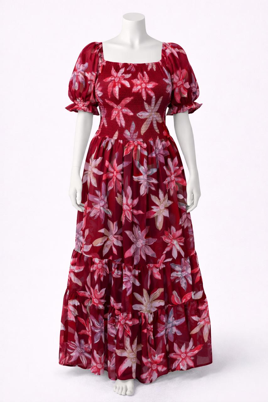 Women's burgundy printed sundress with puff sleeves