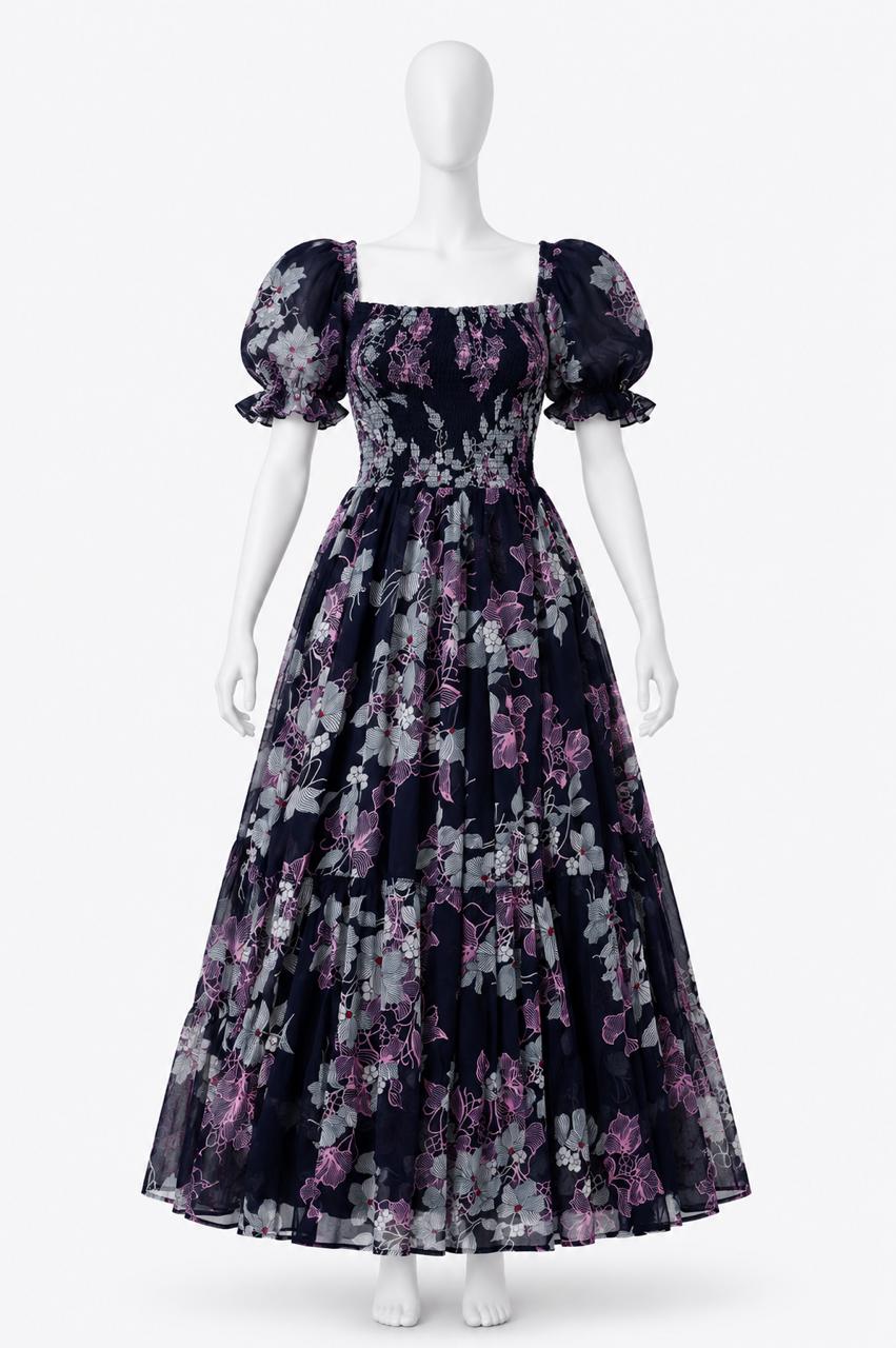 Women's navy blue floral printed sundress with puff sleeves
