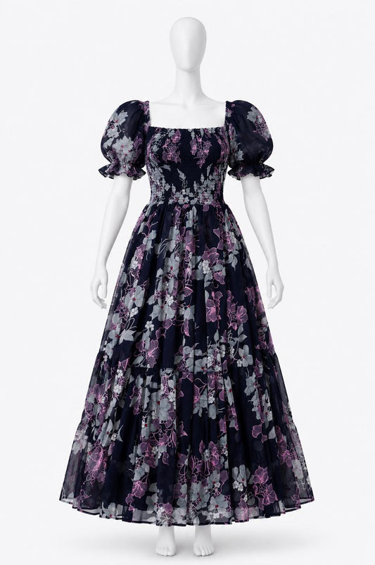 Women's navy blue floral printed sundress with puff sleeves