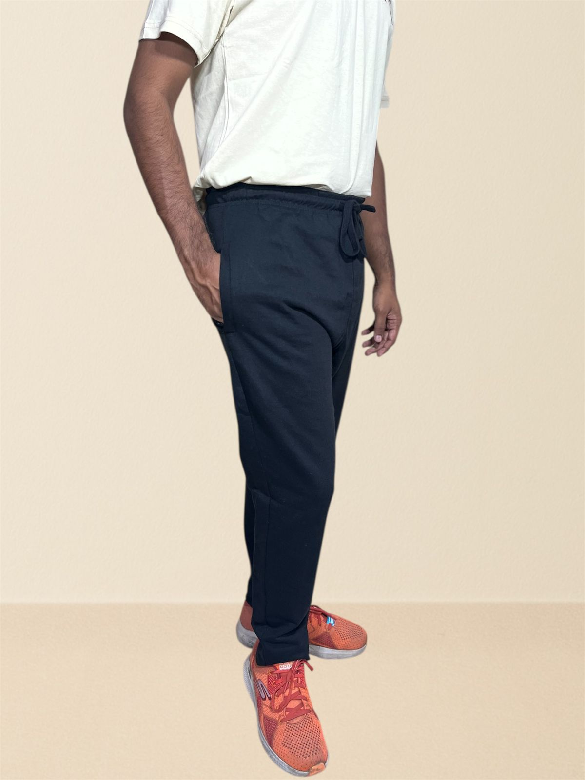 premium cotton track pants with drawstring waist - Black .