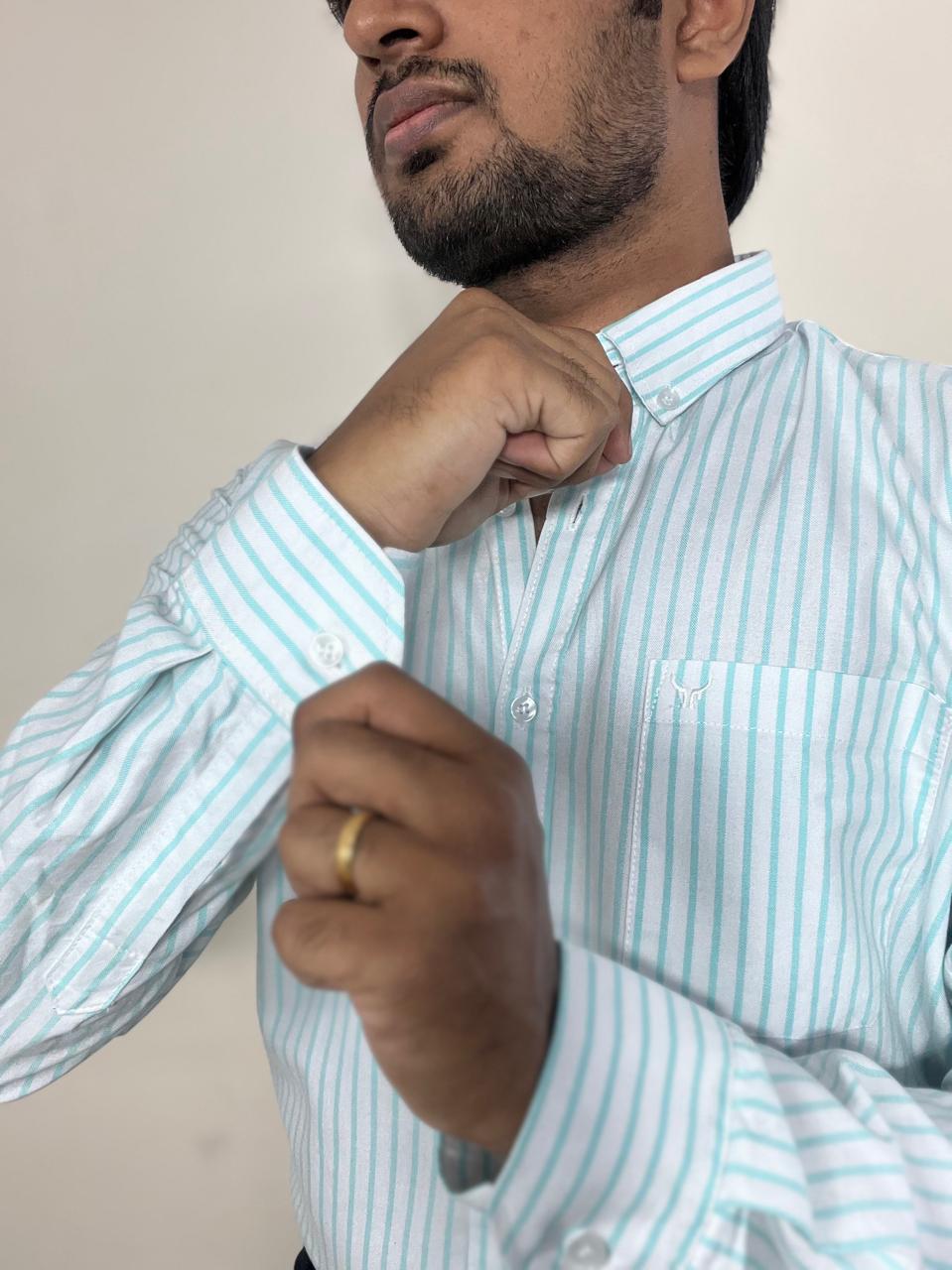 Pastel blue striped oxford cotton-linen| button down collar