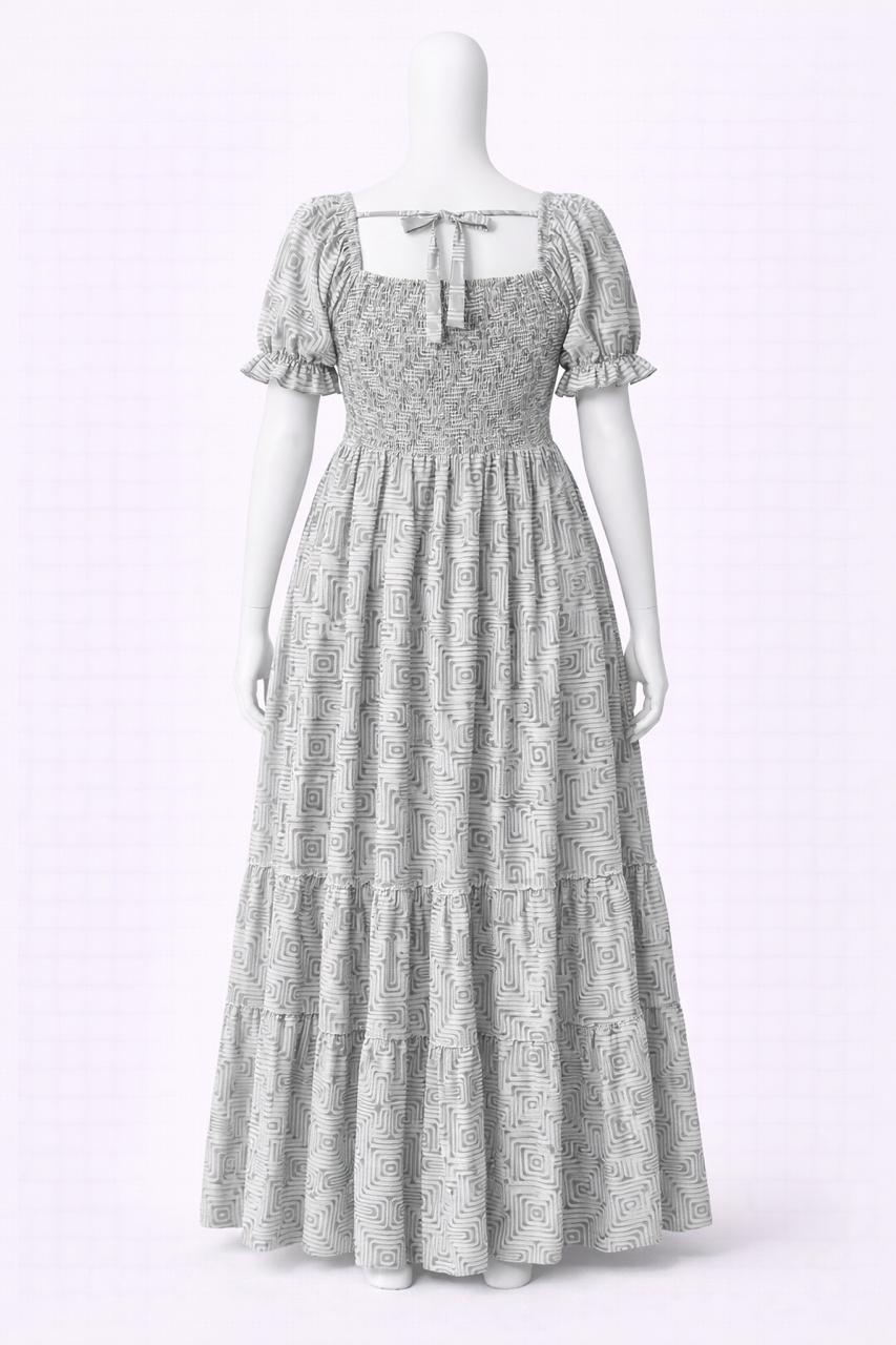 Women's white & green printed sundress with puff sleeves