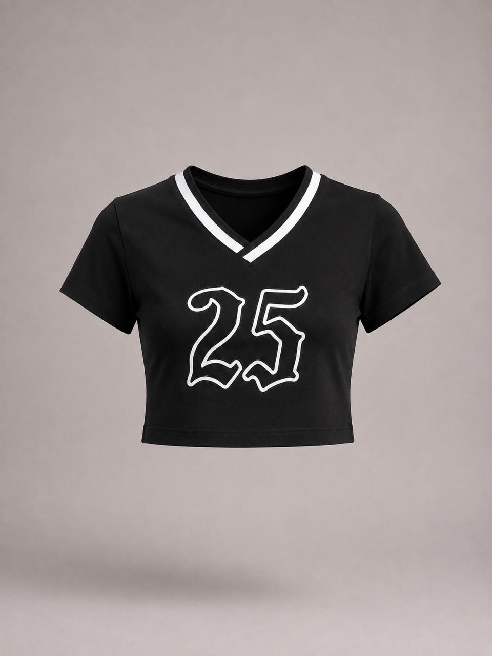 Retro printed Black contrast collar Baby tee | Women's cropped Fit T-shirt