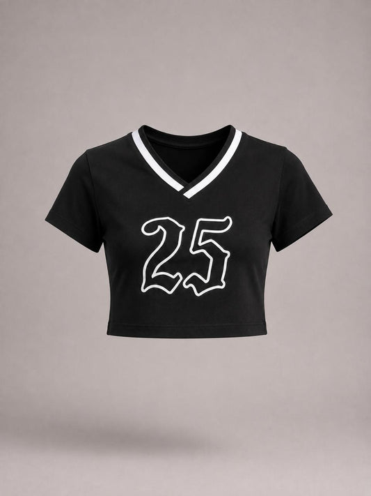 Retro printed Black contrast collar Baby tee | Women's cropped Fit T-shirt
