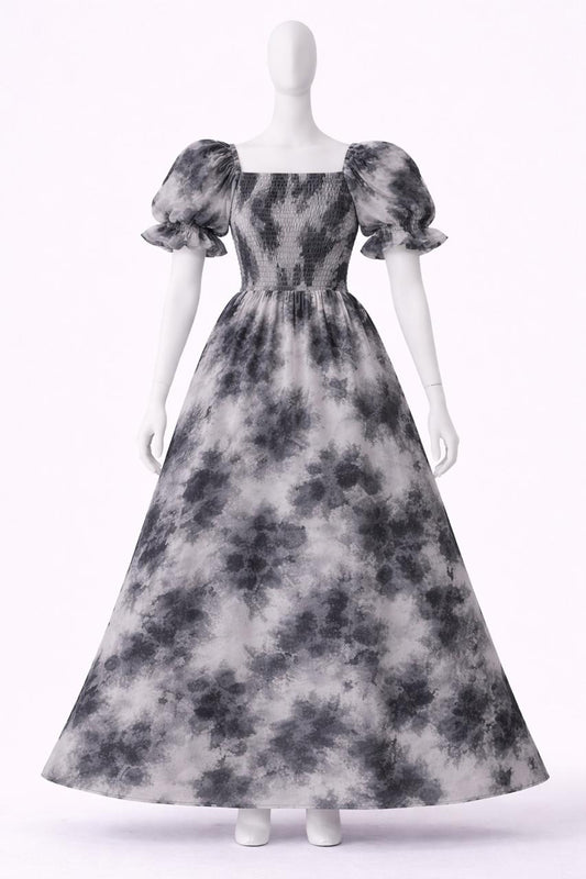 Women's Black & grey floral printed sundress with puff sleeves