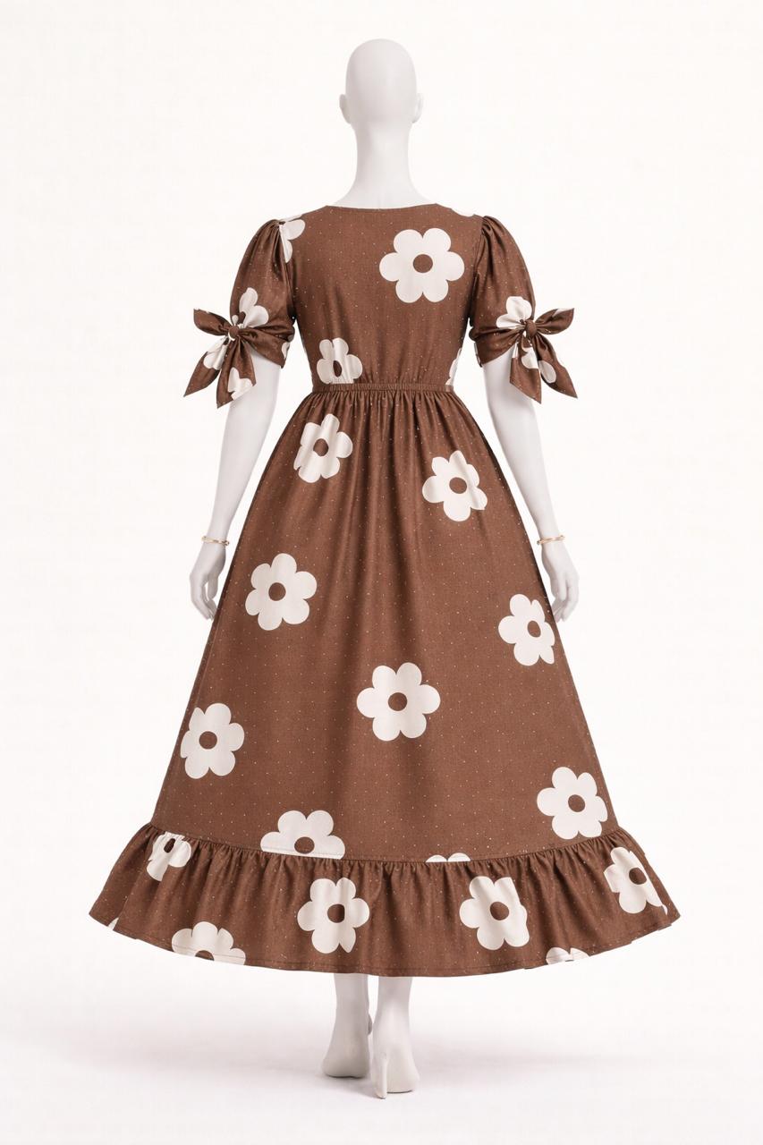 Women's brown floral printed maxi with puff sleeves tie up dress