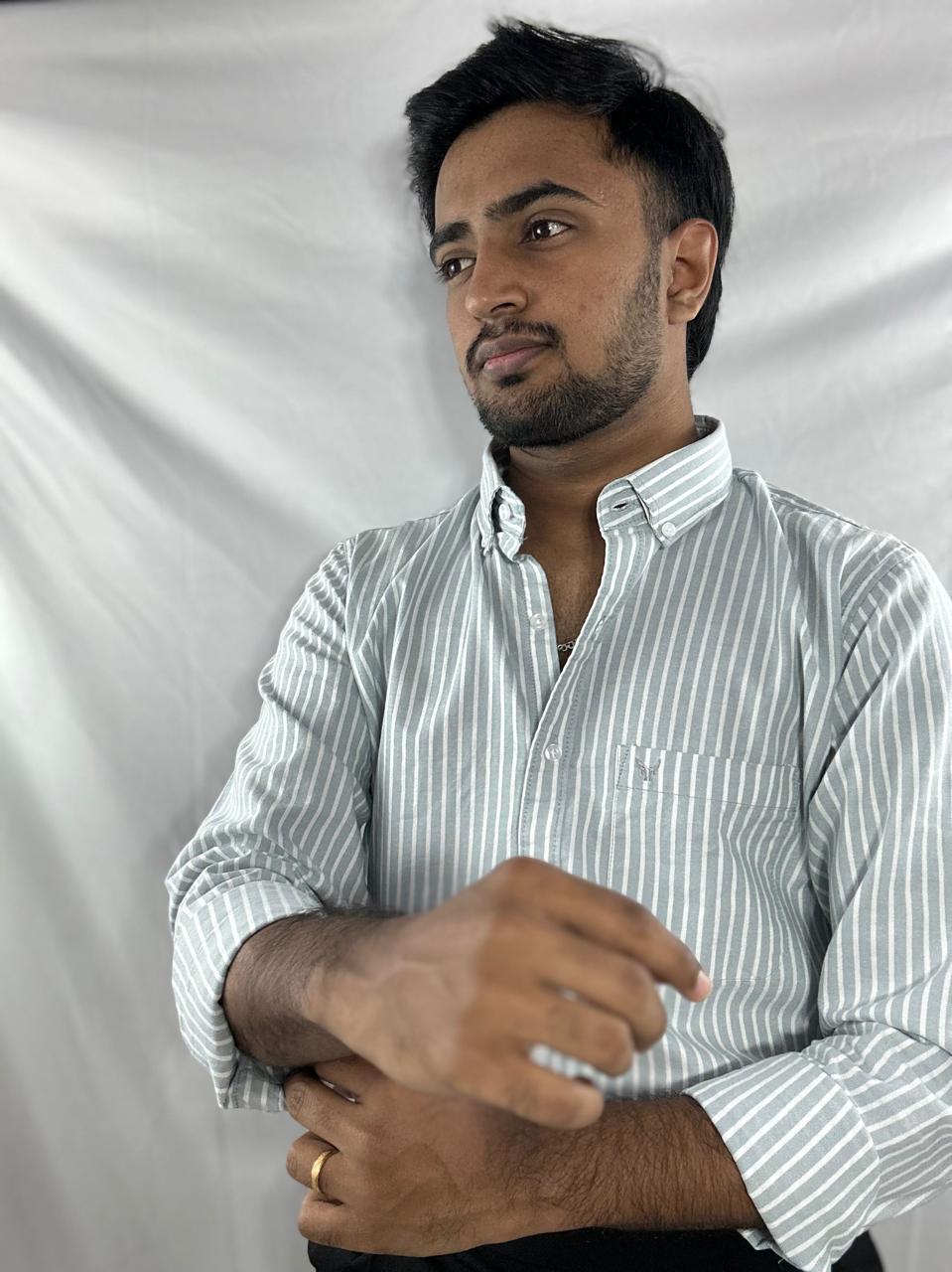 Ash grey oxford cotton-linen shirt with white stripes | button-down collar