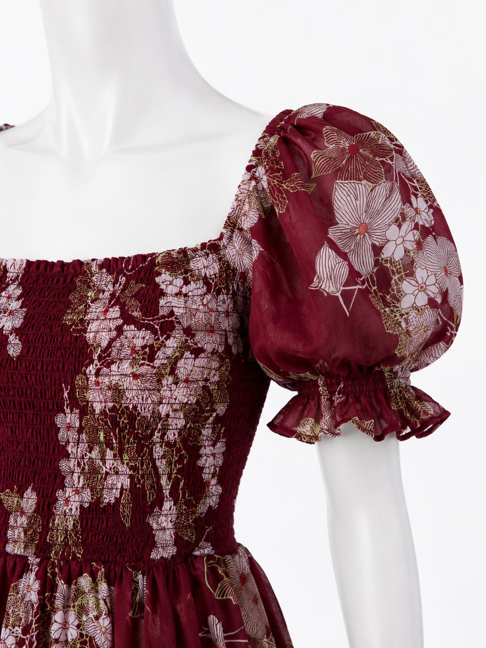 Women's red floral printed sundress with puff sleeves