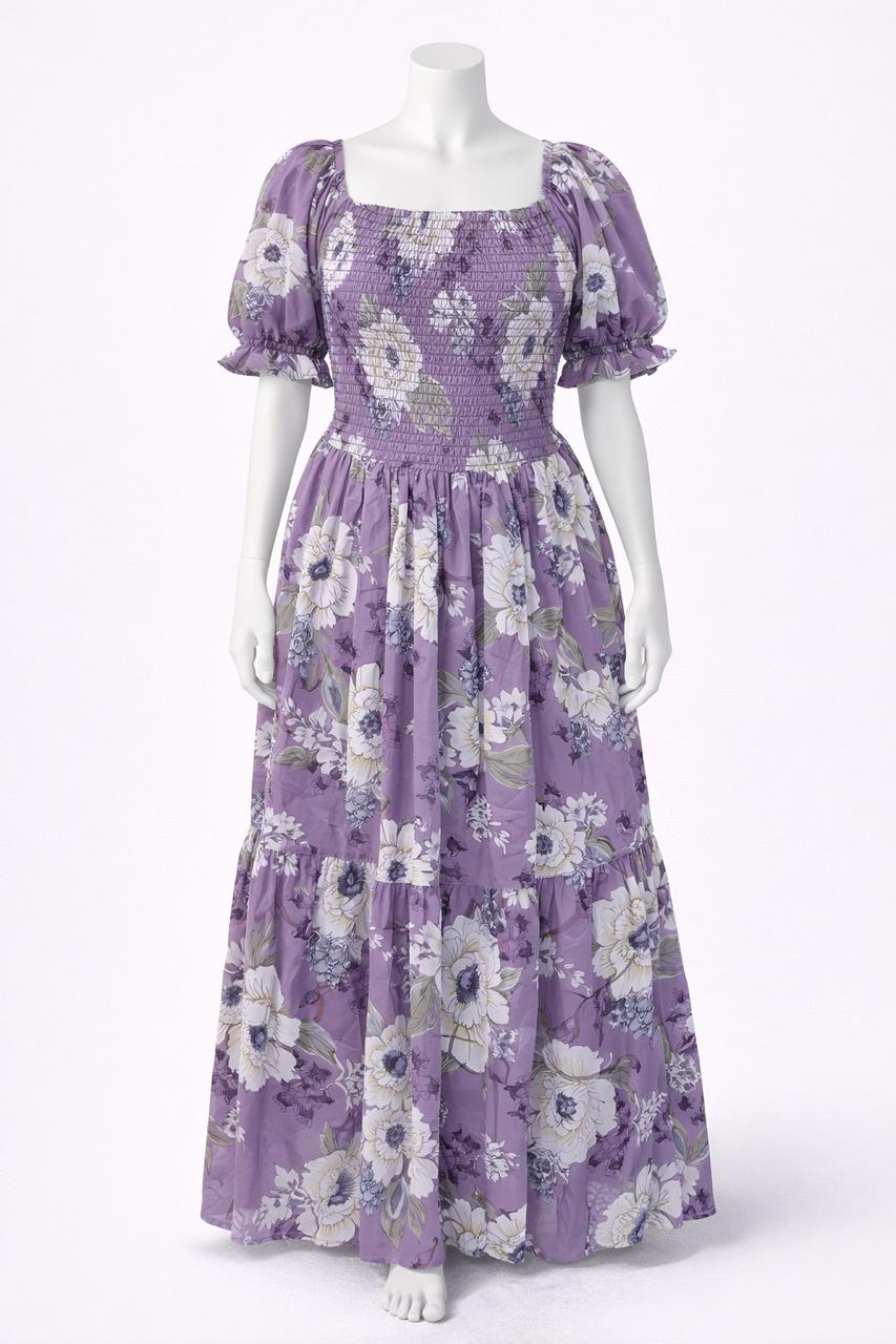 Women's mauve violet printed sundress with puff sleeves