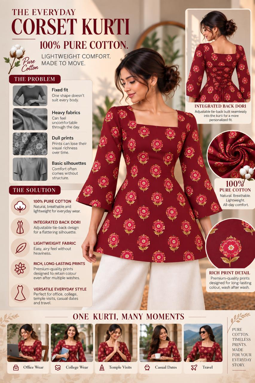 Merlot rose printed Premium 100% Pure Cotton Corset Back Knot Short Kurti | Printed Flared Kurti for Women