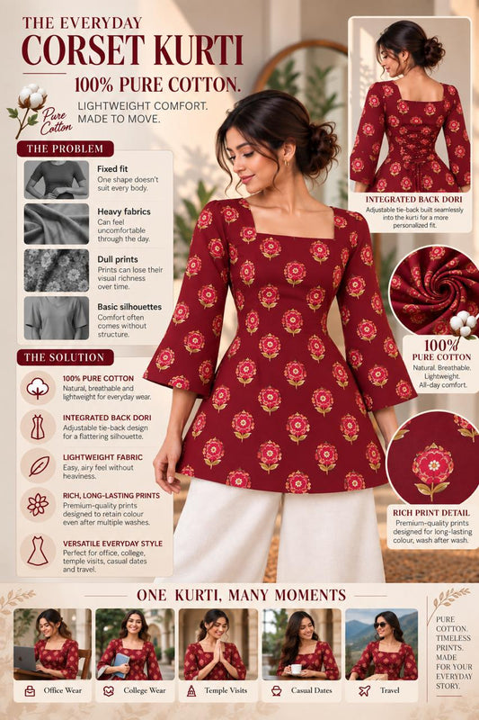 Merlot rose printed Premium 100% Pure Cotton Corset Back Knot Short Kurti | Printed Flared Kurti for Women