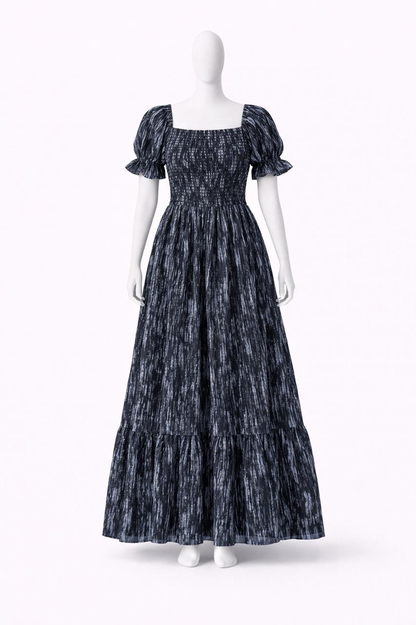 Women's black & blue marble finish printed sundress with puff sleeves