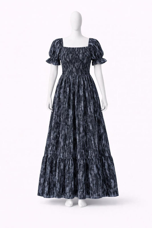Women's black & blue marble finish printed sundress with puff sleeves