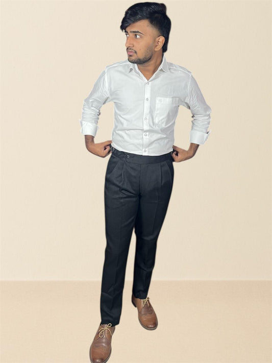 Black Double -Buckle Linen Textured Gurkha pants for Men