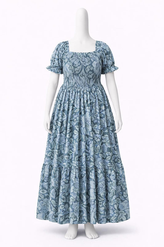 Women's blue printed sundress with puff sleeves