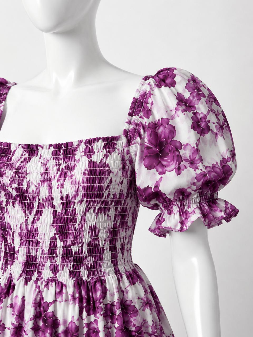 Women's white with pink floral print sundress with puff sleeves