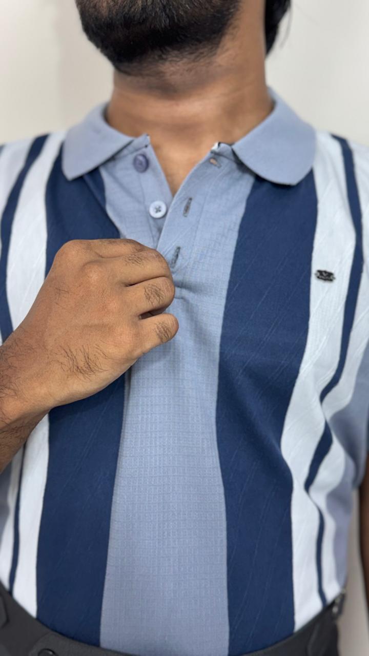 Men’s Indigo Blue Knitted Cotton Polo T-Shirt | Premium Vertical Stripe Polo Tee