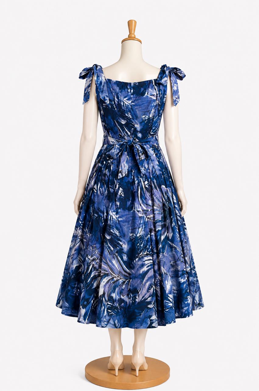 Kids & teens Blue Tropical printed  Summer Midi Dress with shoulder Tie straps & Chest Cup