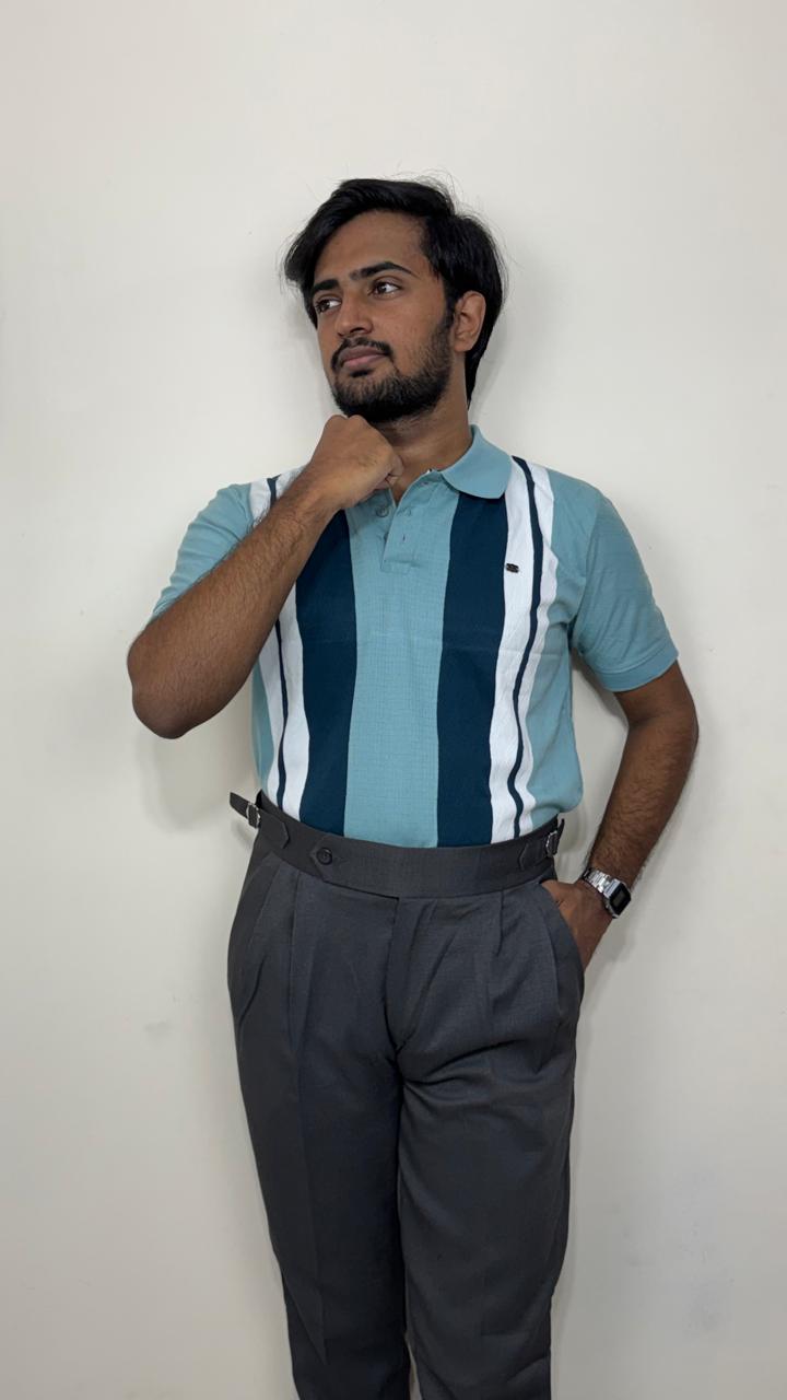 Men’s Aqua Blue Knitted Cotton Polo T-Shirt | Premium Vertical Stripe Polo Tee