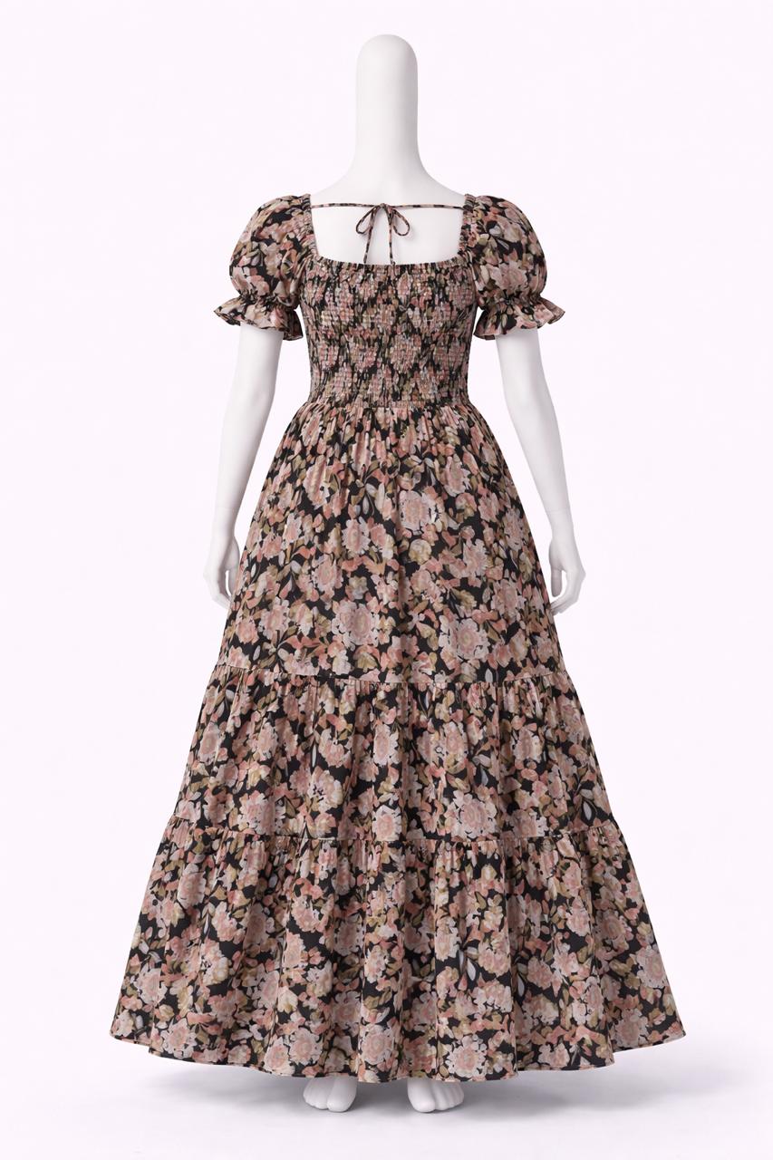 Women's Black & pink floral printed sundress with puff sleeves