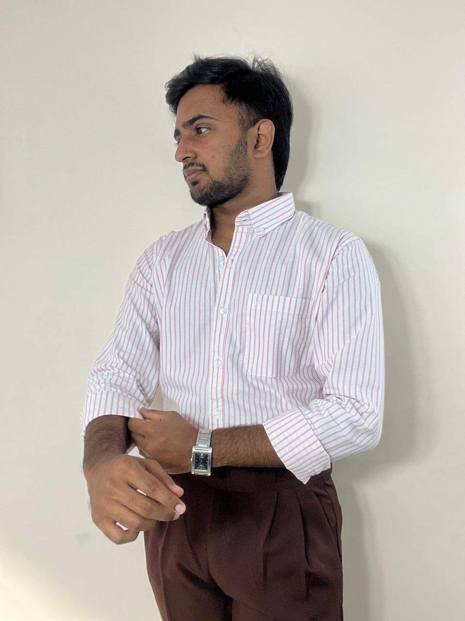 Blush striped oxford cotton - linen shirt | button-down collar