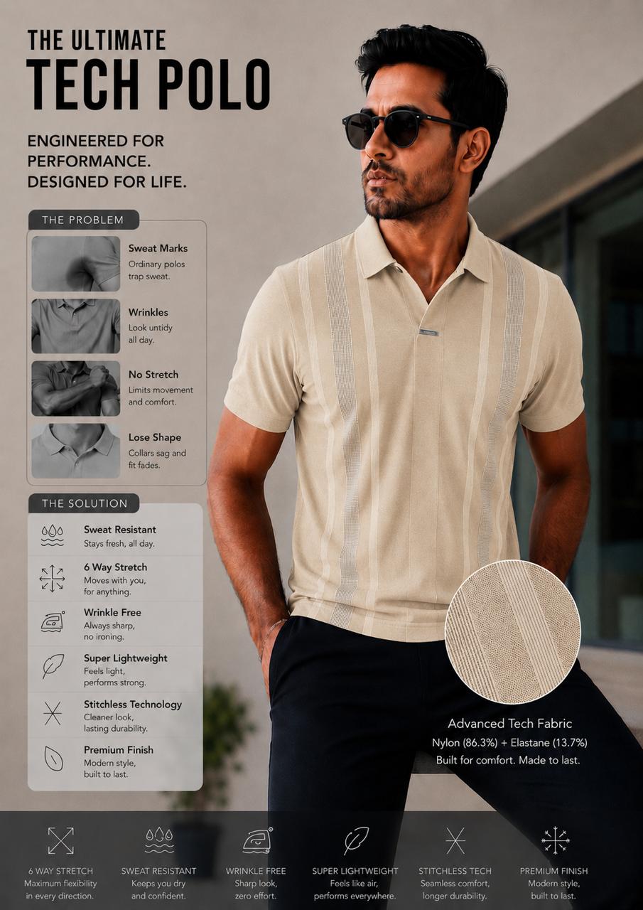 Men's Premium Breathable Beige Tech Polo – Wrinkle-Free Dry-Fit Performance Workwear