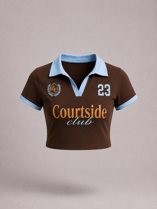 Retro printed brown contrast collar Baby tee | Women's cropped Fit T-shirt