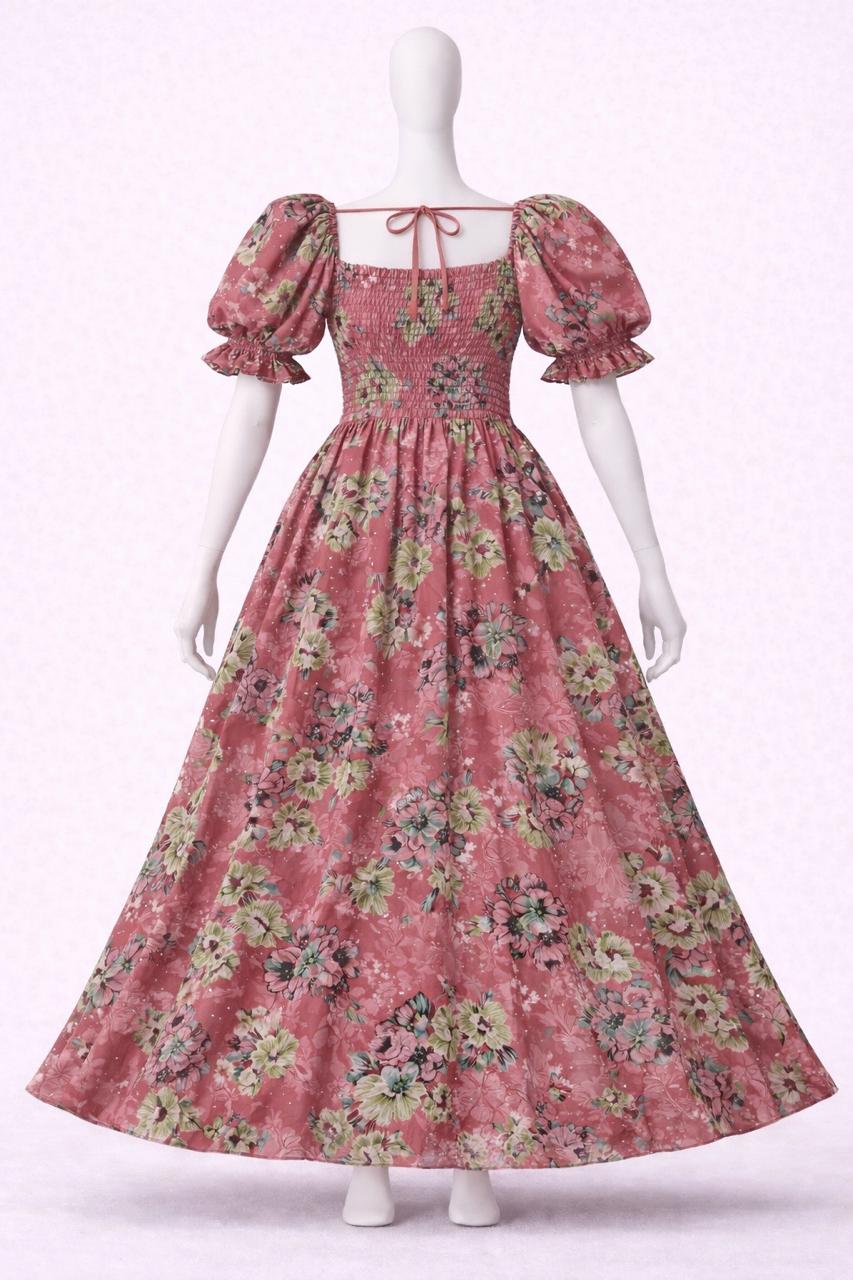 Women's pink floral printed sundress with puff sleeves