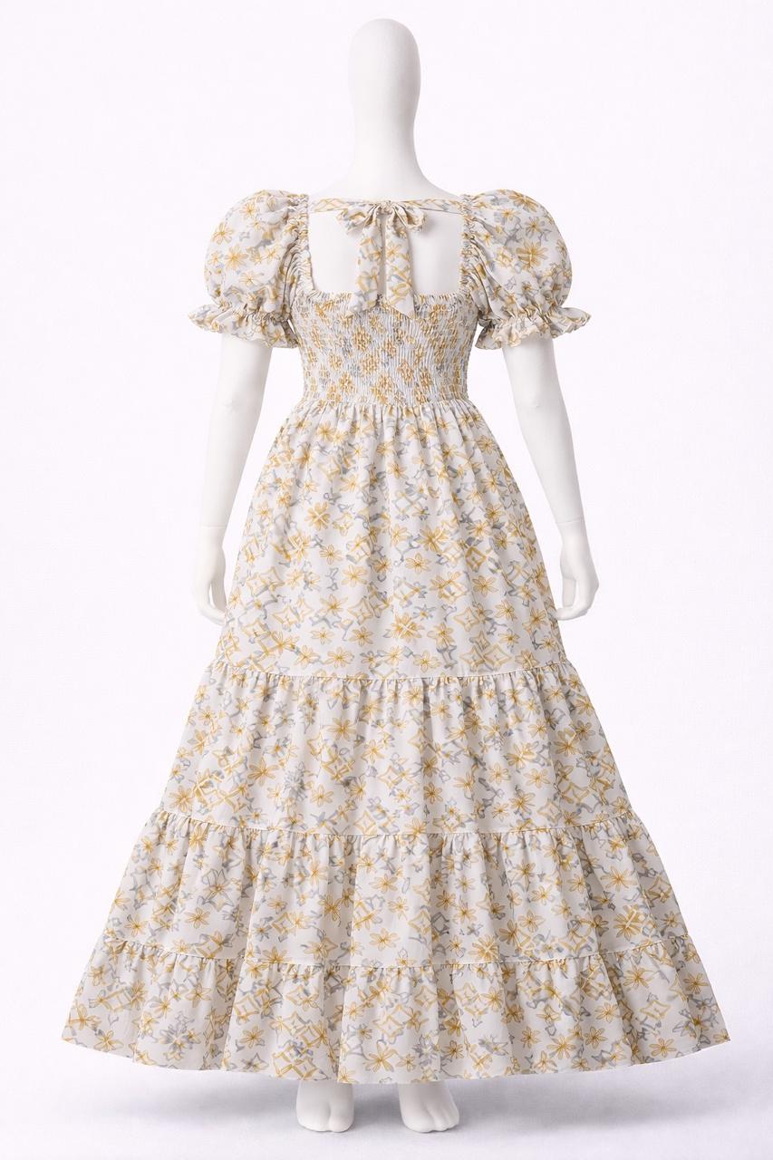 Women's white & yellow floral printed sundress with puff sleeves