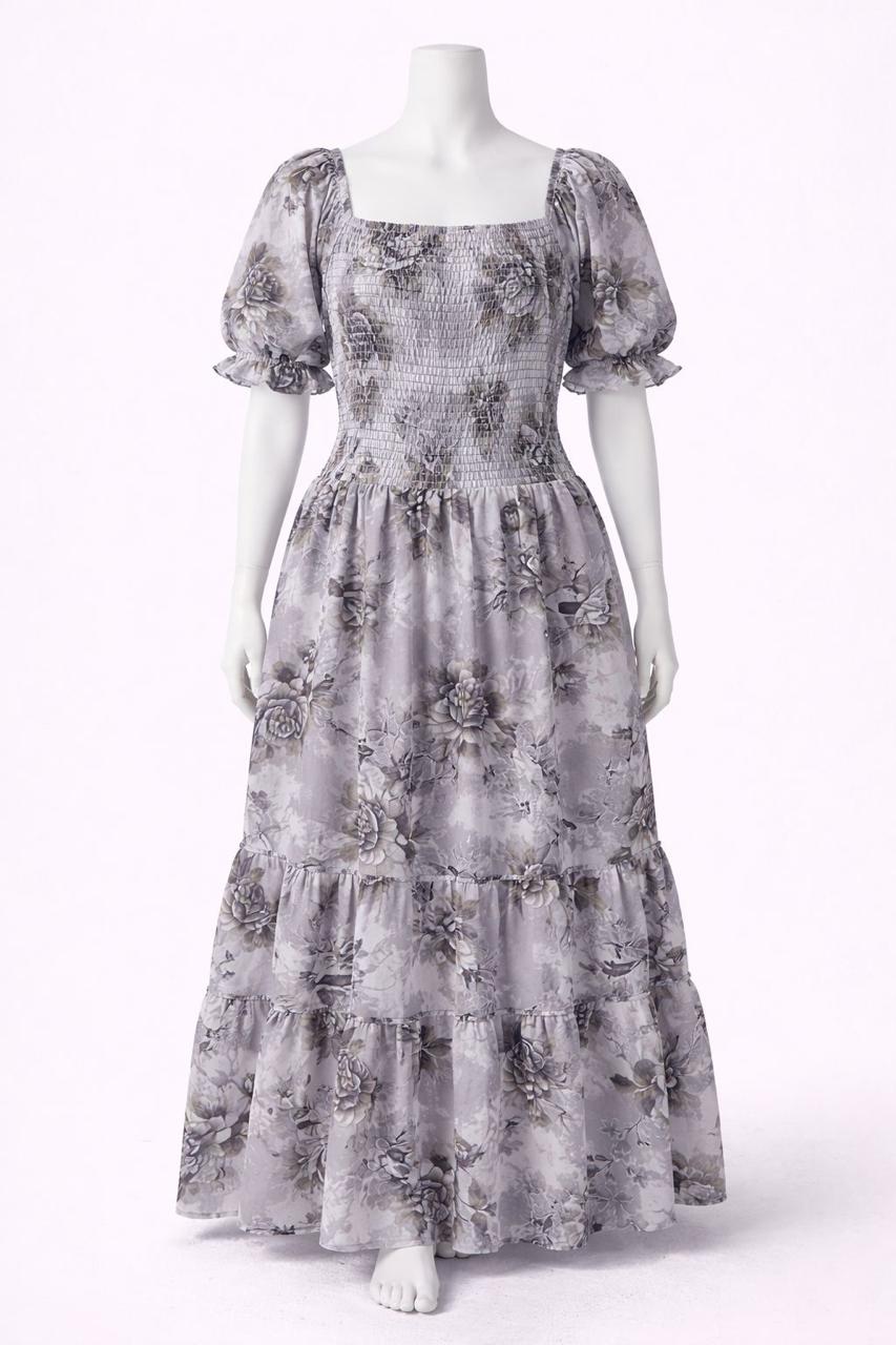 Women's Black & white floral printed sundress with puff sleeves